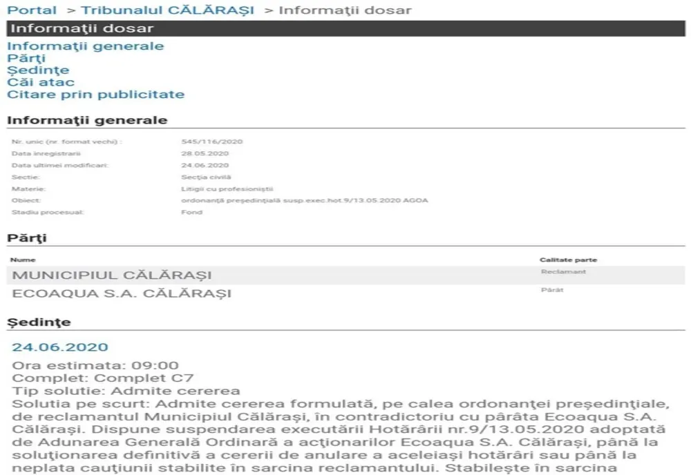 Hotărârea privind revocarea Consiliului de Administrație al EcoAqua, suspendată de instanță