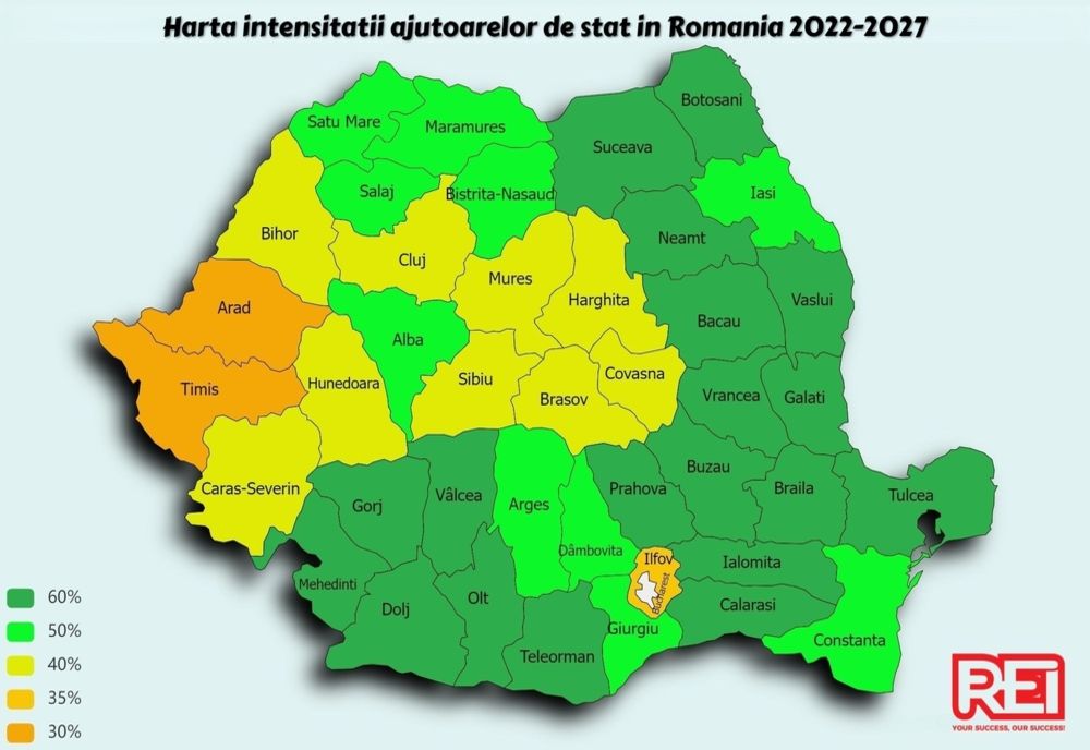 Harta intensităților de finanțare nerambursabilă cu componentă de ajutor de stat din 2022